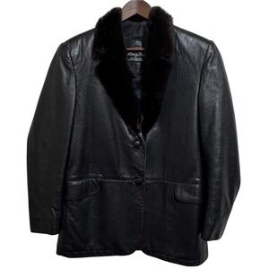 Vintage Henig Furs Leather Jacket Real MINK Fur Collar Women's Medium Black Coat